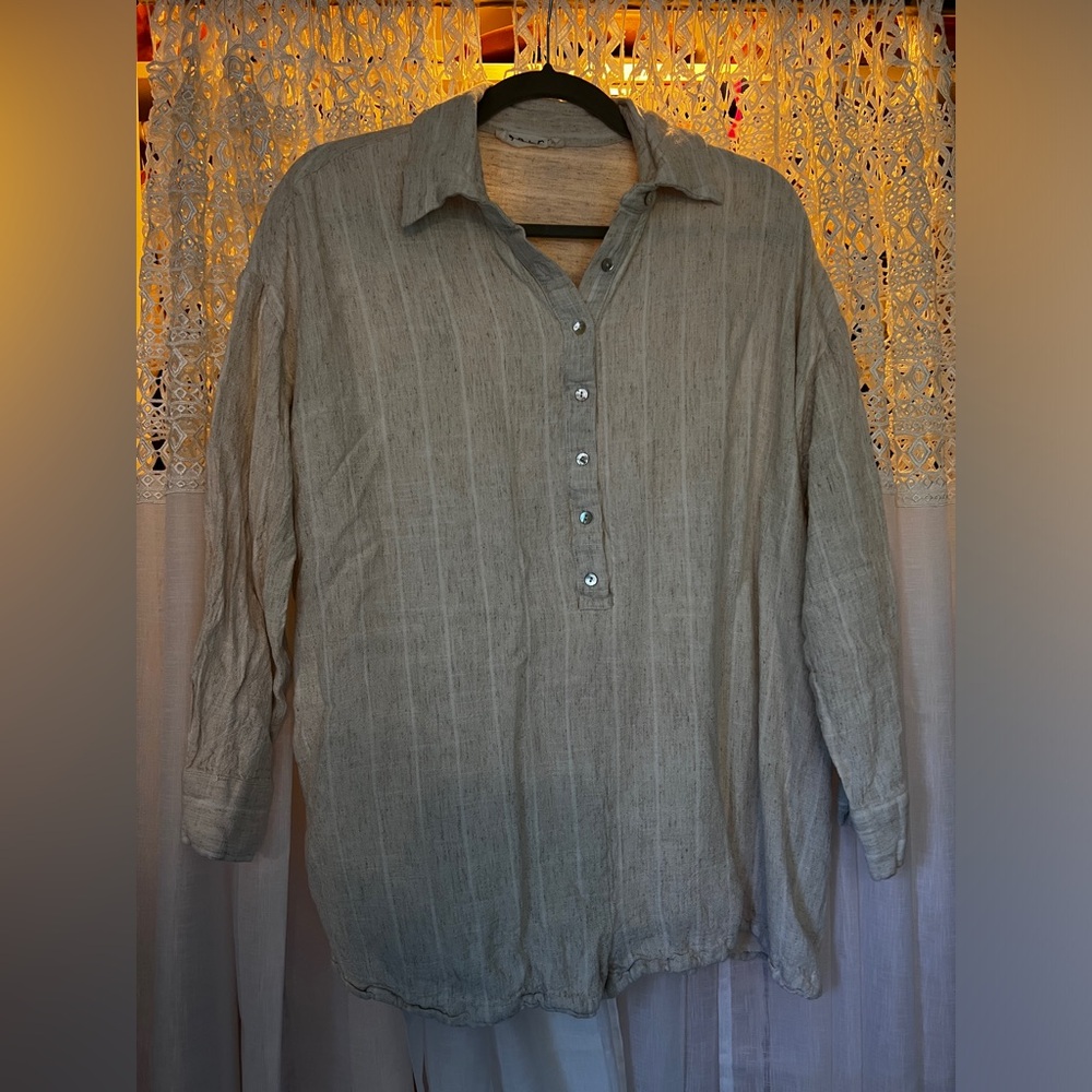 SOLAÍ: Coastal Button Down Romper: Linen Stripe: Large